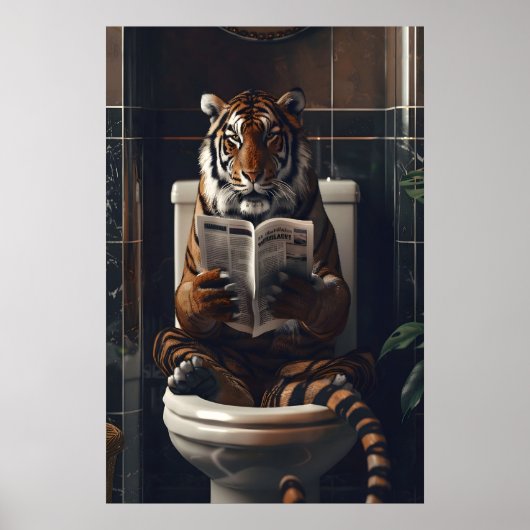Funny Tiger Bathroom Print, Reading Newspaper on Poster (Voorkant)