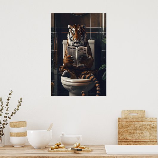 Funny Tiger Bathroom Print, Reading Newspaper on Poster (Keuken)