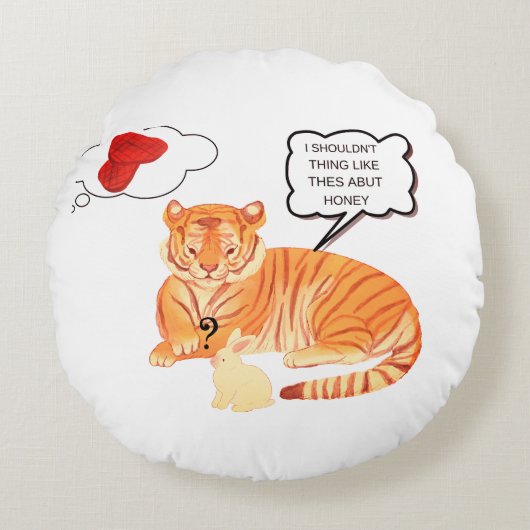 Funny Tiger & Bunny Dilemma – Leuke Dierenstrip Rond Kussen (Voorkant)