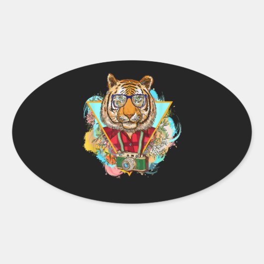 Funny Tiger Hipster Fotografe Gift Ovale Sticker (Voorkant)