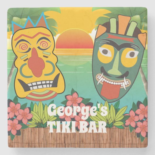 Funny Tiki Faces and tropical sunset Stenen Onderzetter (Voorkant)