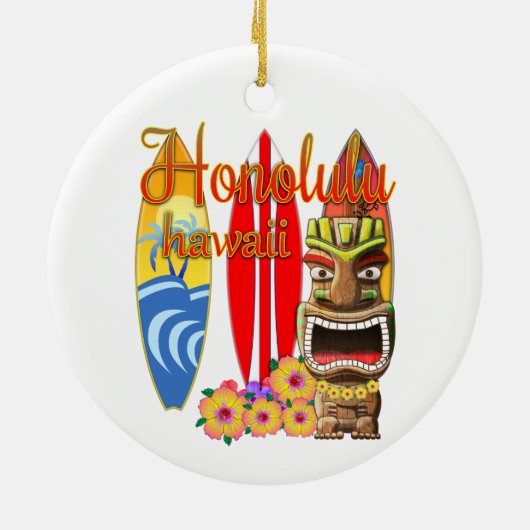 Funny Tiki Honolulu Hawaii Surfing Keramisch Ornament (Achterkant)