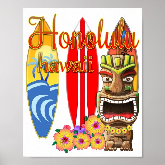 Funny Tiki Honolulu Hawaii Surfing Poster (Voorkant)