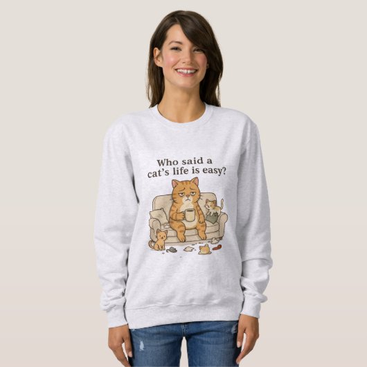 Funny Tired Cat Coffee Illustration Sweatshirt (Voorkant volledig)