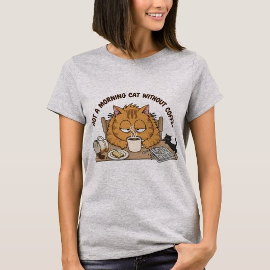 Funny Tired Orange Cat Breakfast Illustration T-shirt (Voorkant)