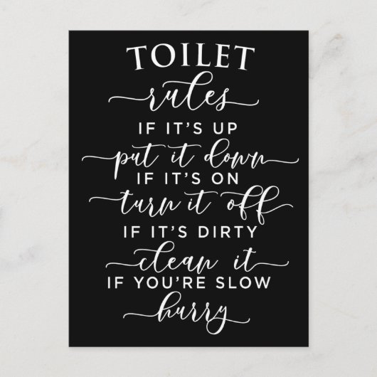 Funny Toilet Rules – Elegant White Text on Black Briefkaart (Voorkant)