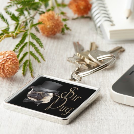 Funny Top Hat Monocle Sir Pug Dog Sleutelhanger (Zijkant)