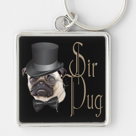 Funny Top Hat Monocle Sir Pug Dog Sleutelhanger (Voorkant)