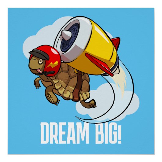 Funny Tortoise Dream Big! Motivational Jet Cartoon Perfect Poster (Voorkant)