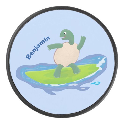 Funny tortoise golf surfende cartoon hockey puck (Voorkant)