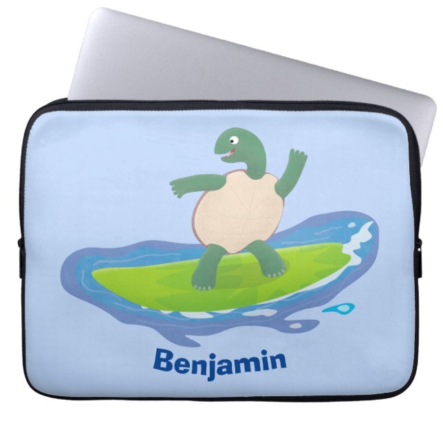 Funny tortoise golf surfende cartoon laptop sleeve (Voorkant)