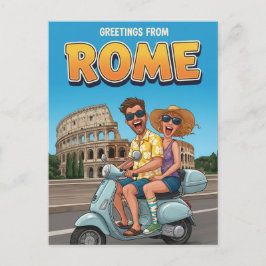 Funny Tourists on Vespa in Rome Italy Postcard Briefkaart