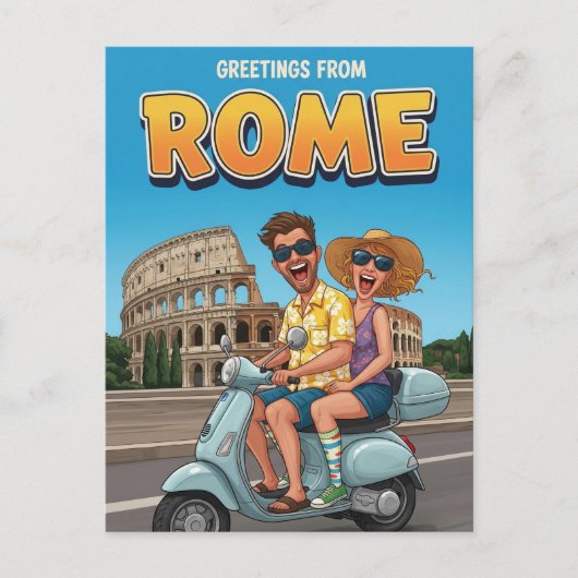 Funny Tourists on Vespa in Rome Italy Postcard Briefkaart (Voorkant)