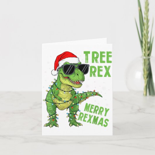 Funny Tree Rex Christmas Dinosaur Santa Hat Lights Kaart (Voorkant)