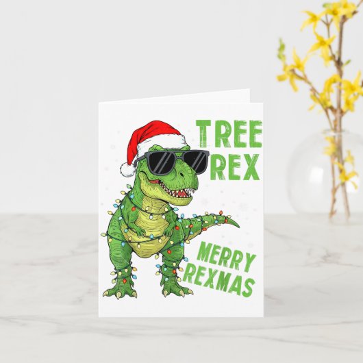 Funny Tree Rex Christmas Dinosaur Santa Hat Lights Kaart (Gele Bloem)