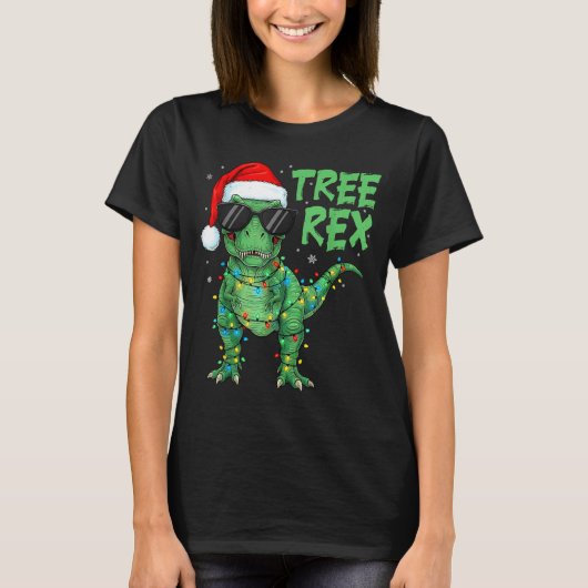 Funny Tree Rex Christmas Dinosaur Santa Hat Lights T-shirt (Voorkant)