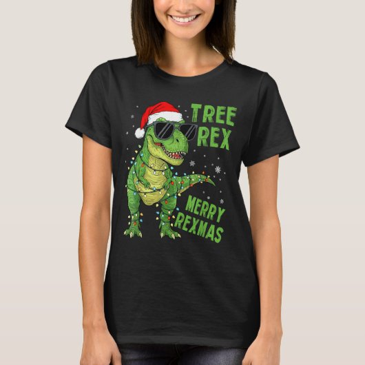Funny Tree Rex Christmas Dinosaur Santa Hat Lights T-shirt (Voorkant)