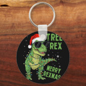 Funny Tree Rex Kerst Dinosaur Santa Hoed Lichten Sleutelhanger (Voorkant)