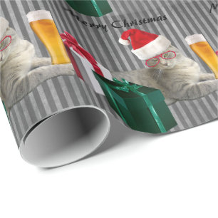 Funny trendy kerstkerstkerstkat met bier cadeaupapier