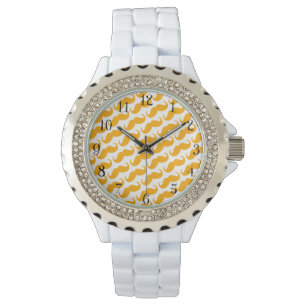 Funny Trendy Oranje Neon Mustache Pattern Horloge