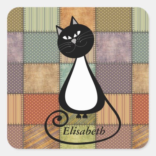 Funny trendy whimsical cartoon cat gepersonaliseer vierkante sticker (Voorkant)