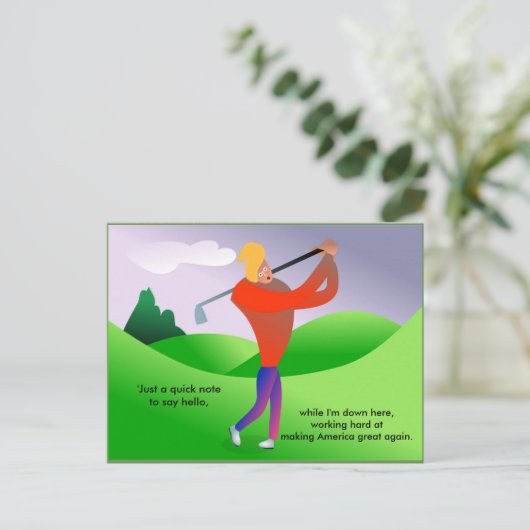 Funny Trump die Golf Politiek Briefkaart speelt (Staand voorkant)