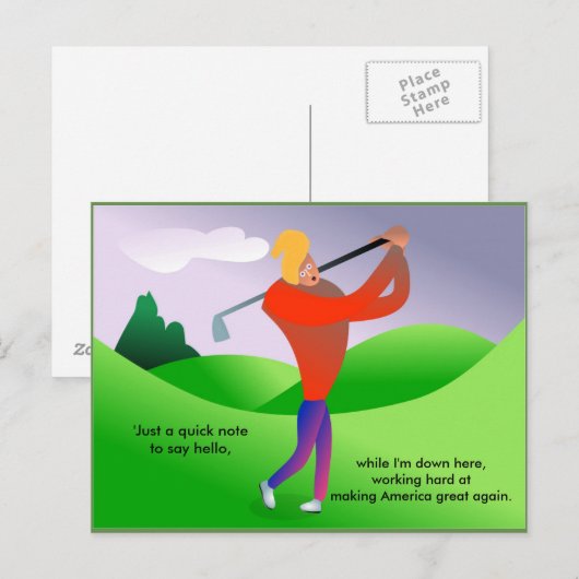 Funny Trump die Golf Politiek Briefkaart speelt (Voorkant / Achterkant)