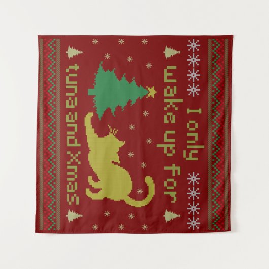 Funny Tuna Christmas Cat – Ugly Xmas Pixel Style Wandkleed (Voorkant (horizontaal))