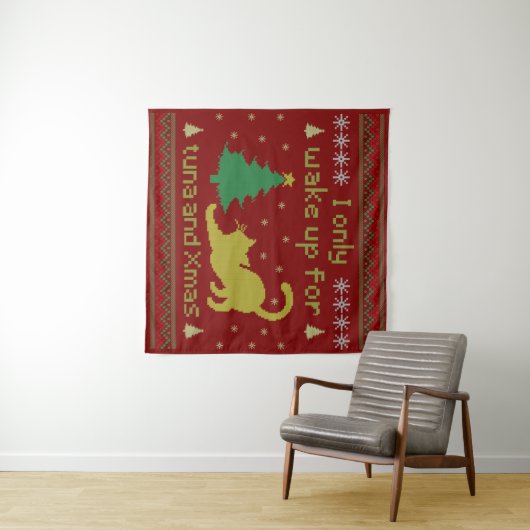 Funny Tuna Christmas Cat – Ugly Xmas Pixel Style Wandkleed (In Situ (horizontaal))
