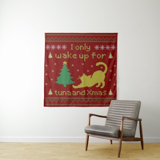 Funny Tuna Christmas Cat – Ugly Xmas Pixel Style Wandkleed (In situ)