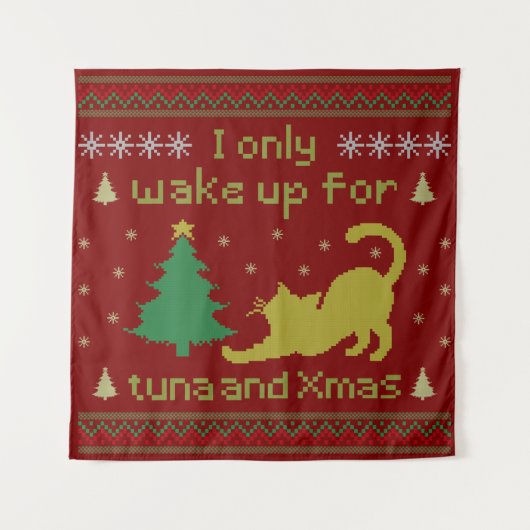 Funny Tuna Christmas Cat – Ugly Xmas Pixel Style Wandkleed (Voorkant)