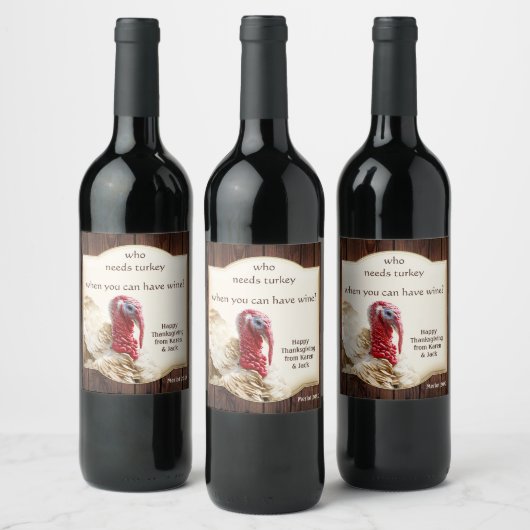 Funny Turkey Dark Wood Thanksgiving Wine Label Wijn Etiket (Flessen)