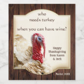 Funny Turkey Dark Wood Thanksgiving Wine Label Wijn Etiket (Enkel label)