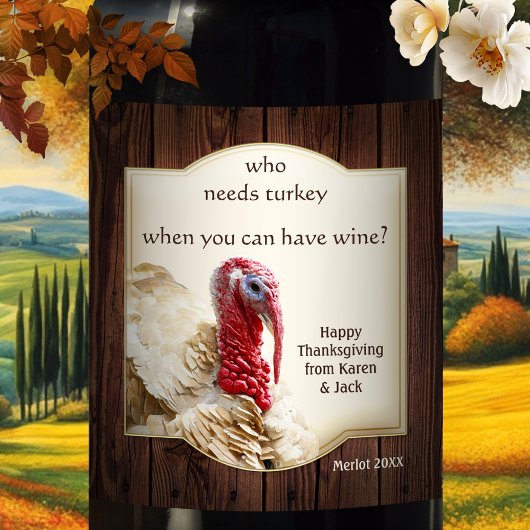 Funny Turkey Dark Wood Thanksgiving Wine Label Wijn Etiket