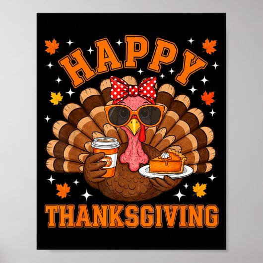 Funny Turkey Drinking Coffee Thanksgiving Bow Girl Poster (Voorkant)
