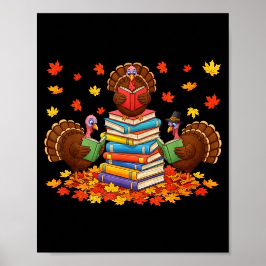 Funny Turkey Reading Book Fall Thanksgiving Teache Poster (Voorkant)
