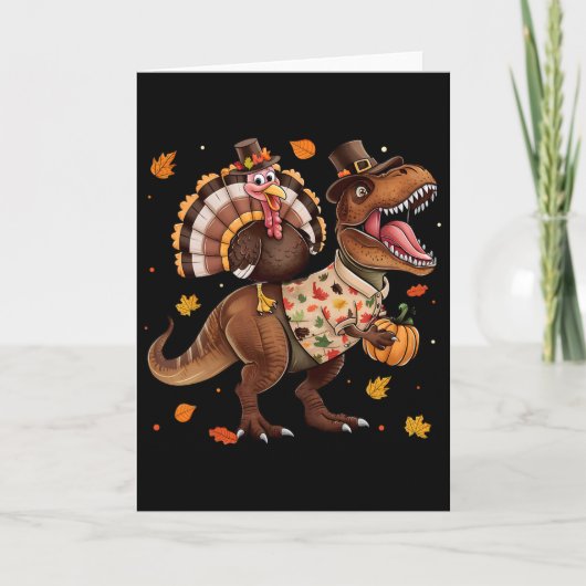 Funny Turkey Riding Dinosaur T Rex Thanksgiving Bo Kaart (Voorkant)