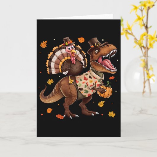 Funny Turkey Riding Dinosaur T Rex Thanksgiving Bo Kaart (Gele Bloem)
