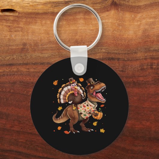 Funny Turkey Riding Dinosaur T Rex Thanksgiving Bo Sleutelhanger (Voorkant)