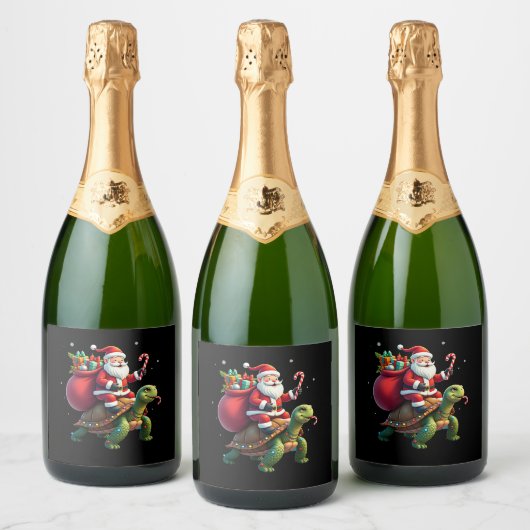 Funny Turtle Christmas Santa Riding Sea Turtle Xma Sparkling Wijnetiket (Flessen)