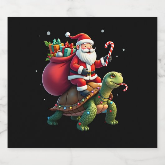 Funny Turtle Christmas Santa Riding Sea Turtle Xma Sparkling Wijnetiket (Enkel label)