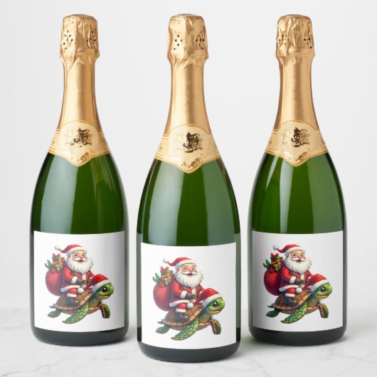 Funny Turtle Christmas Santa Riding Sea Turtle Xma Sparkling Wijnetiket (Flessen)