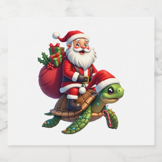 Funny Turtle Christmas Santa Riding Sea Turtle Xma Sparkling Wijnetiket (Enkel label)