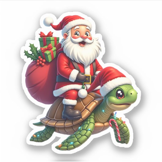 Funny Turtle Christmas Santa Riding Sea Turtle Xma Sticker (Voorkant)