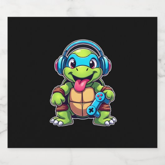 Funny Turtle Gamer Gaming Turtles Video Game (4) Sparkling Wijnetiket (Enkel label)