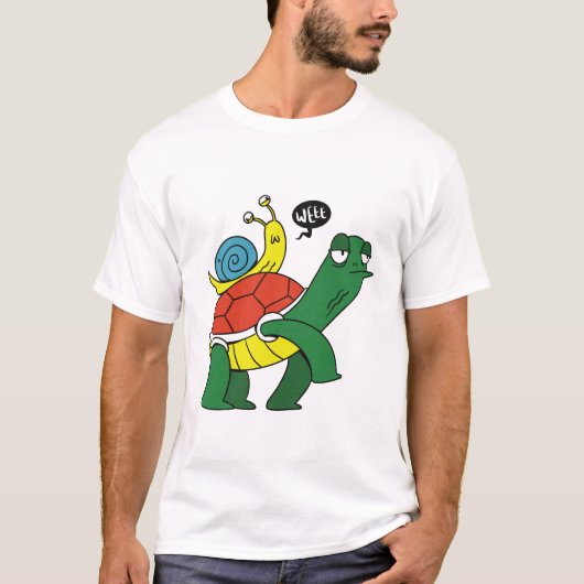 Funny Turtle Riding Snail Cartoon T-Shirt (Voorkant)