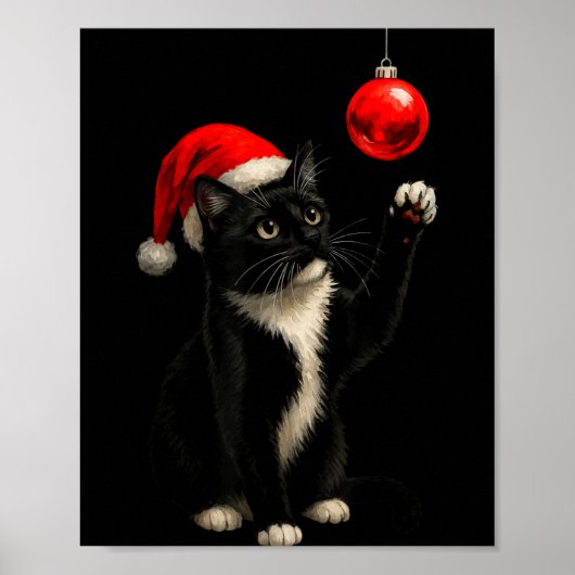 Funny Tuxedo Bauble Cat Santa Hat Red Xmas Christm Poster (Voorkant)