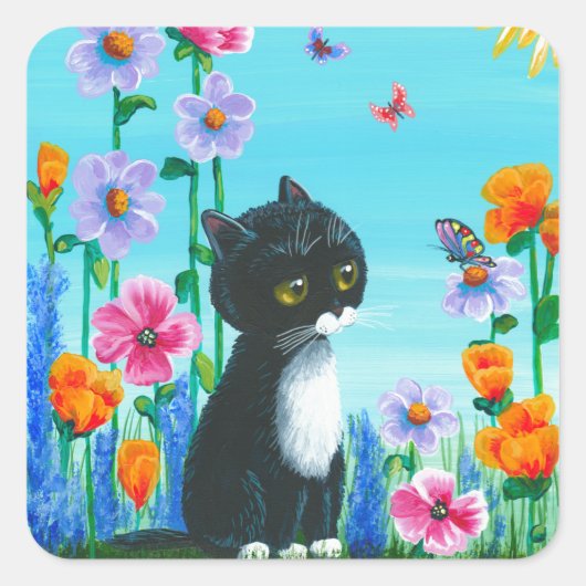 Funny Tuxedo Cat Butterflies Creationarts Vierkante Sticker (Voorkant)