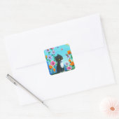 Funny Tuxedo Cat Butterflies Creationarts Vierkante Sticker (Envelop)