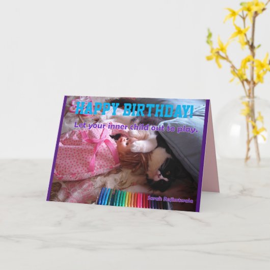 Funny Tuxedo Cat Inner Child Happy Birthday Card Kaart (Gele Bloem)
